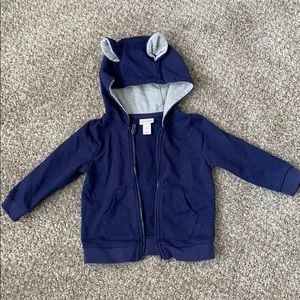 Blue kids zip up jacket with ears on hood